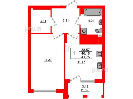 Квартира в ЖК «Расцвет Парк», 1 комнатная, 40.16 м², 4 этаж