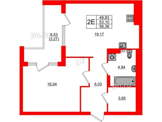 Квартира в ЖК «Расцвет Парк», 1 комнатная, 53.1 м², 2 этаж