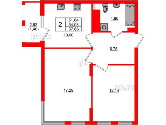 Квартира в ЖК «Расцвет Парк», 2 комнатная, 53.1 м², 2 этаж