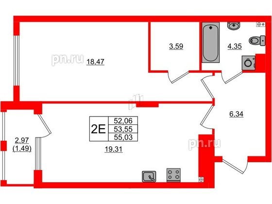 Квартира в ЖК «Расцвет Парк», 1 комнатная, 53.55 м², 2 этаж