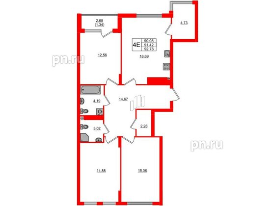 Квартира в ЖК «Расцвет Парк», 3 комнатная, 91.42 м², 3 этаж