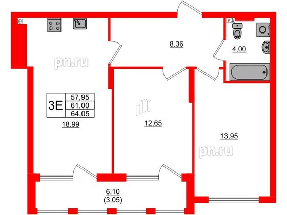 Квартира в ЖК «Расцвет Парк», 2 комнатная, 61 м², 2 этаж