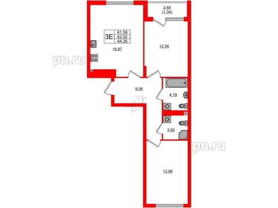 Квартира в ЖК «Расцвет Парк», 2 комнатная, 62.92 м², 2 этаж