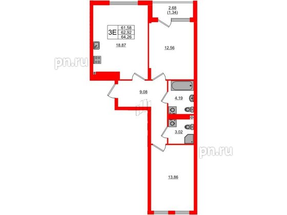 Квартира в ЖК «Расцвет Парк», 2 комнатная, 62.92 м², 2 этаж