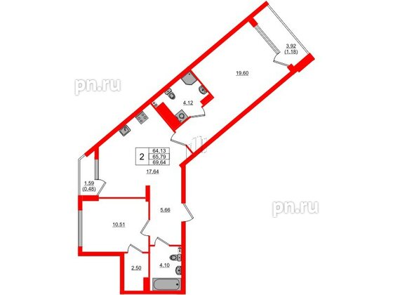 Квартира в ЖК «Расцвет Парк», 2 комнатная, 65.79 м², 2 этаж