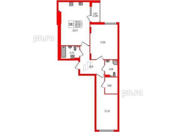 Квартира в ЖК «Расцвет Парк», 2 комнатная, 80.08 м², 3 этаж