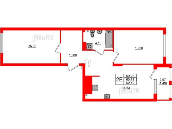 Квартира в ЖК «Расцвет Парк», 2 комнатная, 60.73 м², 2 этаж