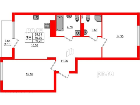 Квартира в ЖК «Расцвет Парк», 2 комнатная, 60.73 м², 3 этаж