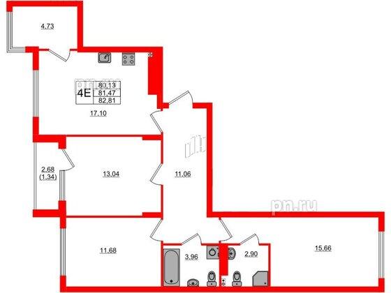 Квартира в ЖК «Расцвет Парк», 3 комнатная, 81.47 м², 3 этаж