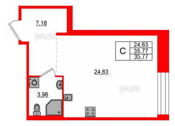 Квартира в ЖК AVANT, студия, 35.77 м², 1 этаж