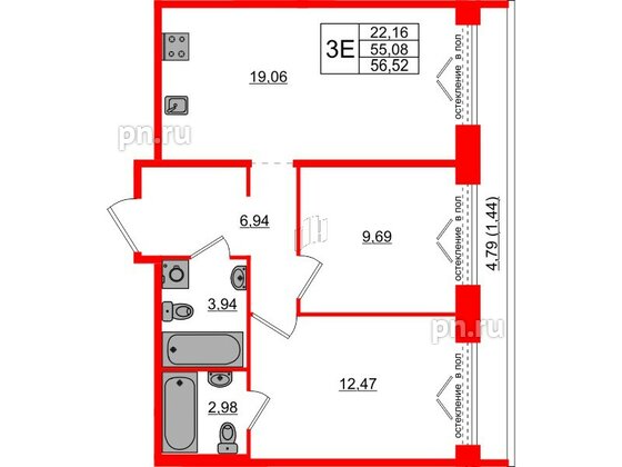 Квартира в ЖК AVANT, 2 комнатная, 56.52 м², 2 этаж