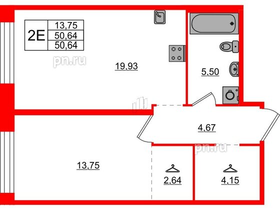 Квартира в ЖК AVANT, 1 комнатная, 50.64 м², 1 этаж