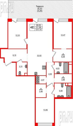 Квартира в ЖК «AVANT», 3 комнатная, 121.14 м², 2 этаж