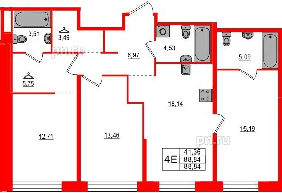 Квартира в ЖК «AVANT», 3 комнатная, 88.84 м², 1 этаж