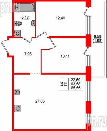 Квартира в ЖК «AVANT», 2 комнатная, 65.56 м², 2 этаж