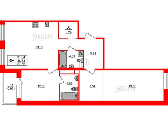 Квартира в ЖК AVANT, 2 комнатная, 87.56 м², 2 этаж