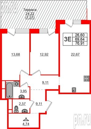 Квартира в ЖК «AVANT», 2 комнатная, 76.91 м², 2 этаж