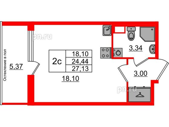 Квартира в ЖК Астра Континенталь, студия, 24.44 м², 1 этаж