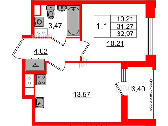 Квартира в ЖК Астра Континенталь, 1 комнатная, 31.27 м², 8 этаж