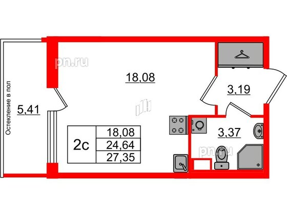 Квартира в ЖК Астра Континенталь, студия, 24.64 м², 1 этаж