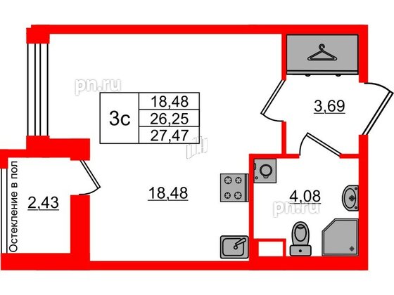 Квартира в ЖК Астра Континенталь, студия, 26.25 м², 1 этаж