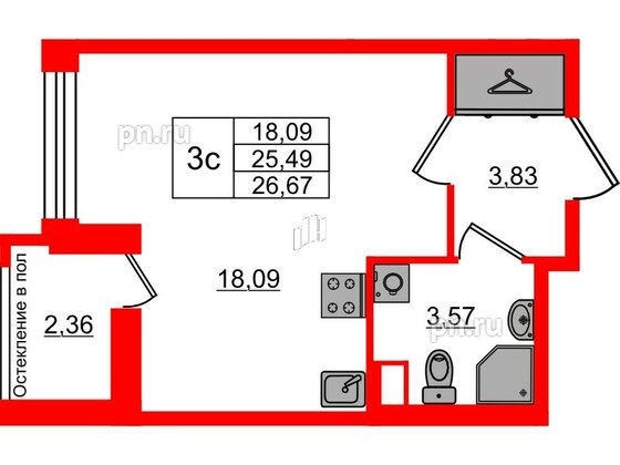 Квартира в ЖК Астра Континенталь, студия, 25.49 м², 1 этаж