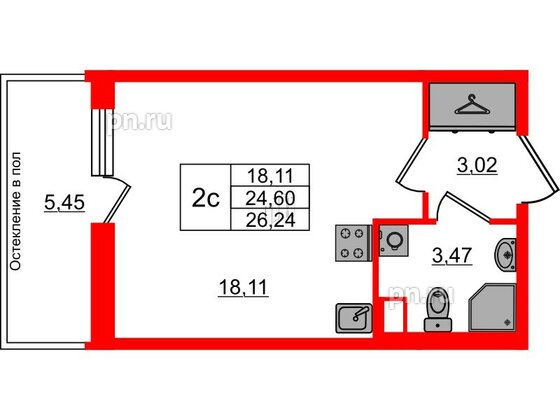 Квартира в ЖК Астра Континенталь, студия, 24.6 м², 1 этаж