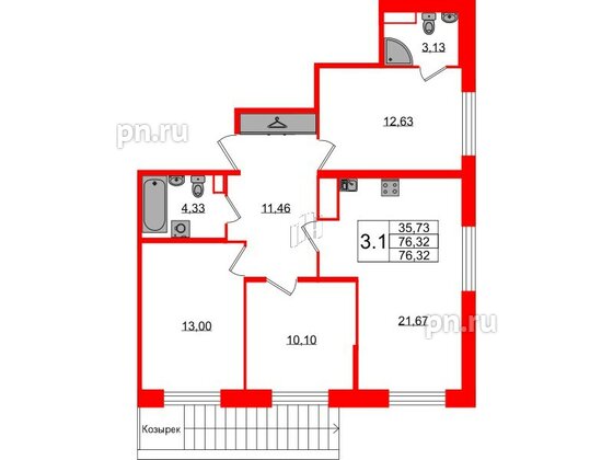 Квартира в ЖК Астра Континенталь, 3 комнатная, 76.32 м², 1 этаж