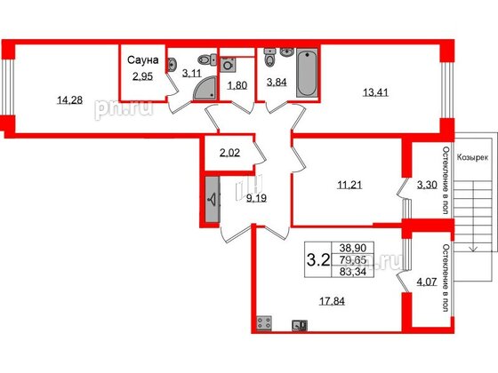 Квартира в ЖК Астра Континенталь, 3 комнатная, 79.65 м², 1 этаж