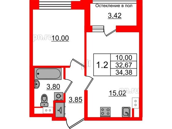 Квартира в ЖК Астра Континенталь, 1 комнатная, 32.67 м², 11 этаж