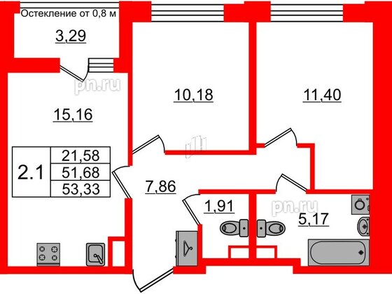 Квартира в ЖК Астра Континенталь, 2 комнатная, 51.68 м², 1 этаж