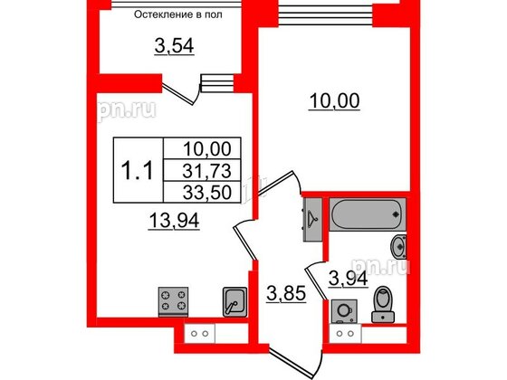 Квартира в ЖК Астра Континенталь, 1 комнатная, 31.73 м², 4 этаж