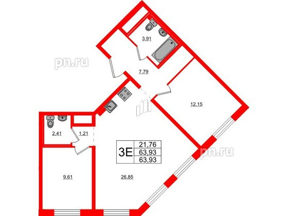 Квартира в ЖК Стороны Света 2, 2 комнатная, 63.93 м², 2 этаж