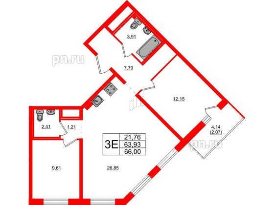 Квартира в ЖК Стороны Света 2, 2 комнатная, 66 м², 6 этаж