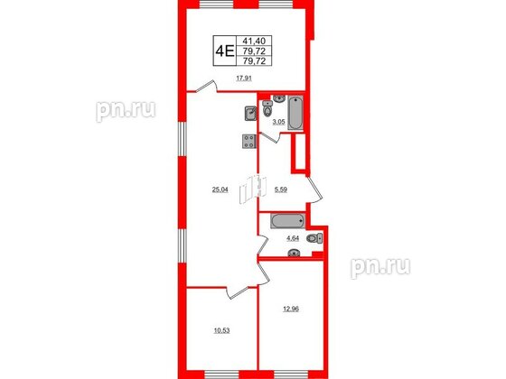 Квартира в ЖК Стороны Света 2, 3 комнатная, 79.72 м², 2 этаж