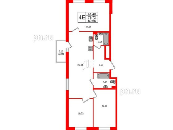 Квартира в ЖК Стороны Света 2, 3 комнатная, 80.66 м², 6 этаж