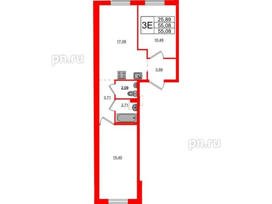 Квартира в ЖК Стороны Света 2, 2 комнатная, 55.08 м², 1 этаж