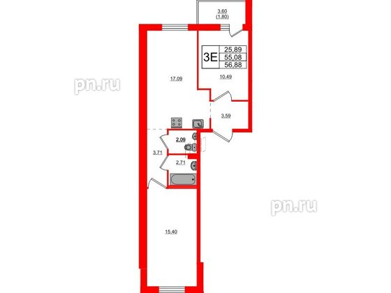 Квартира в ЖК Стороны Света 2, 2 комнатная, 56.88 м², 9 этаж