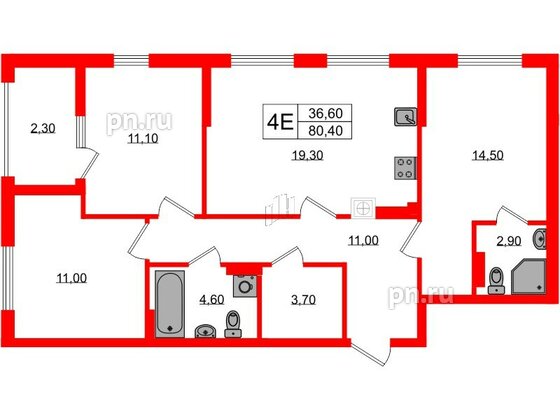 Квартира в ЖК «Дом на Красной», 3 комнатная, 80.4 м², 7 этаж