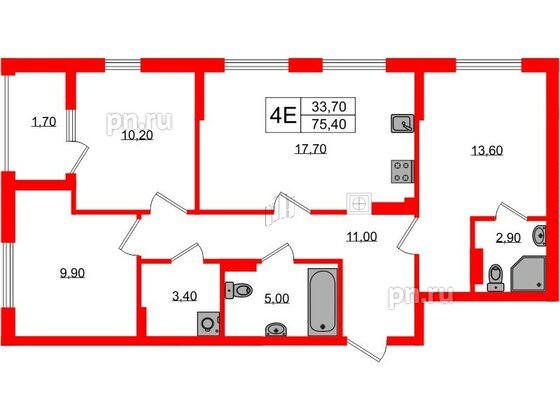 Квартира в ЖК «Дом на Красной», 3 комнатная, 75.4 м², 8 этаж