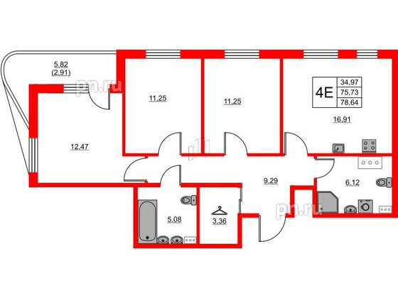 Квартира в ЖК RESPECT, 3 комнатная, 78.64 м², 3 этаж