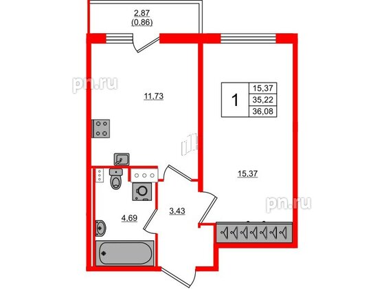 Квартира в ЖК Лампо, 1 комнатная, 35.3 м², 3 этаж