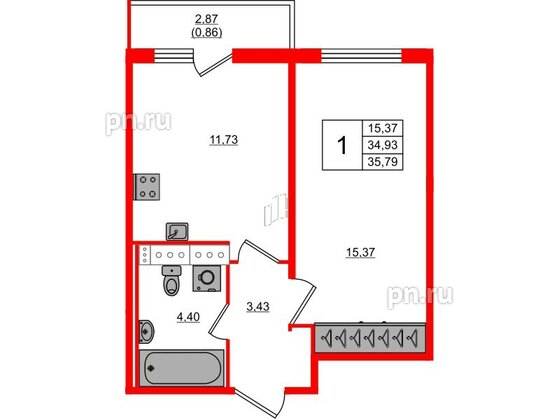 Квартира в ЖК Лампо, 1 комнатная, 35 м², 12 этаж