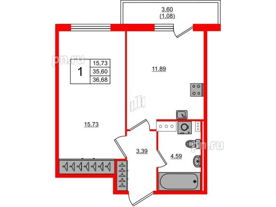 Квартира в ЖК Лампо, 1 комнатная, 35.3 м², 7 этаж