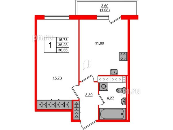 Квартира в ЖК Лампо, 1 комнатная, 34.8 м², 12 этаж