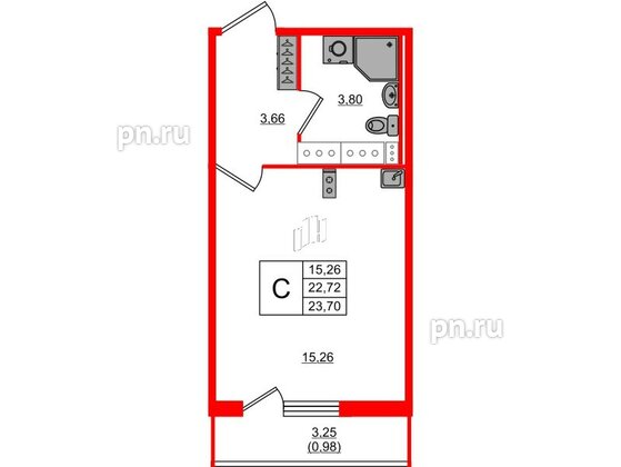 Квартира в ЖК Лампо, студия, 22.8 м², 13 этаж