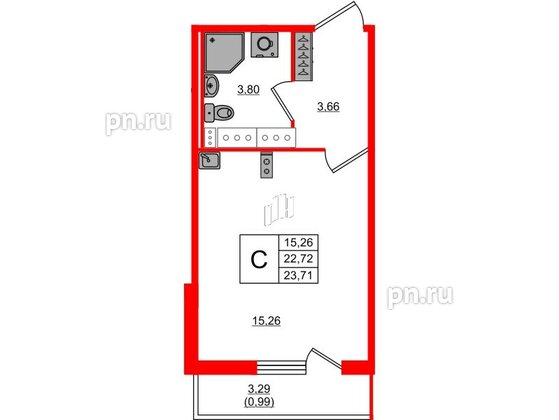 Квартира в ЖК Лампо, студия, 22.8 м², 12 этаж