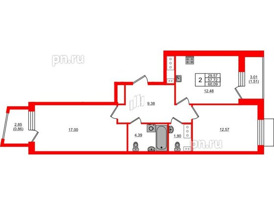 Квартира в ЖК «Респект», 2 комнатная, 60.09 м², 6 этаж
