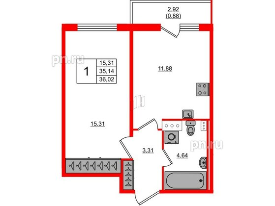 Квартира в ЖК Лампо, 1 комнатная, 35.3 м², 5 этаж