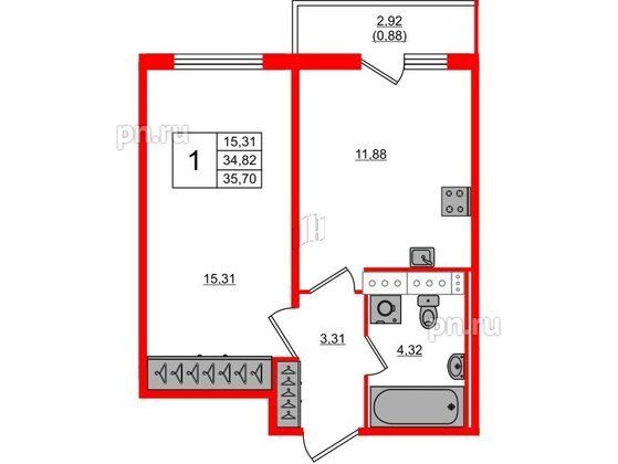 Квартира в ЖК Лампо, 1 комнатная, 34.9 м², 11 этаж